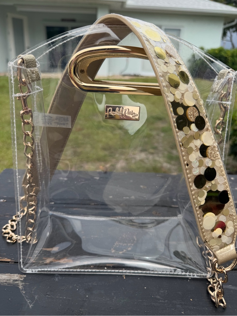 Packed Party Clear Tote Bag with Gold Sequin Strap and coin pouch